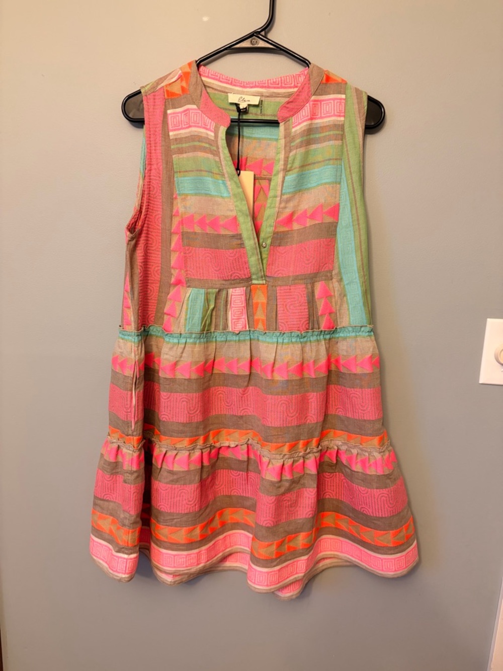 Elan Pink, Teal & Orange Geometric Tiered Midi Dress
